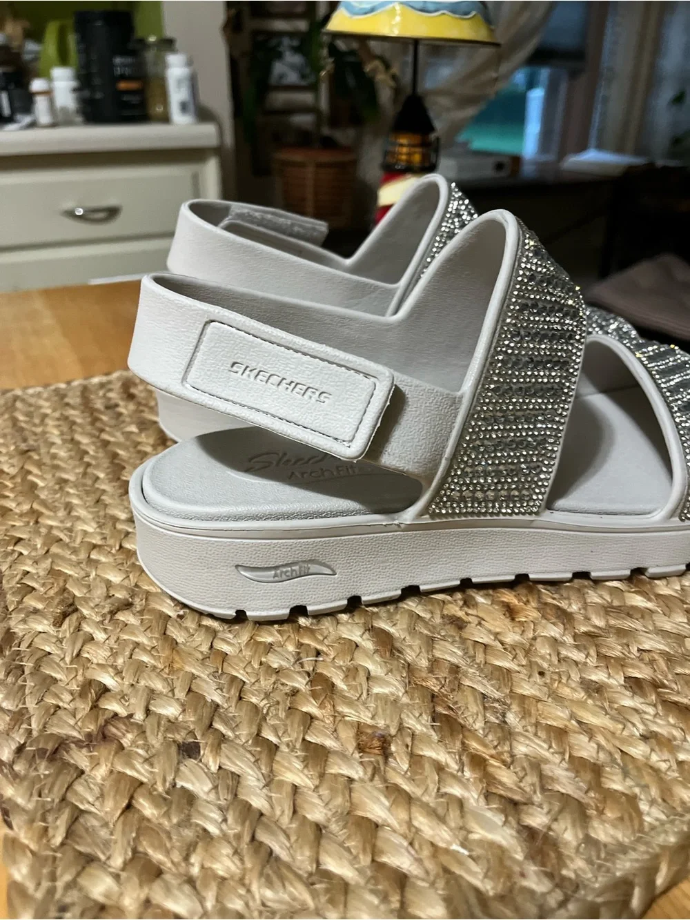 Skechers White Crystal Strap Platform Sandals